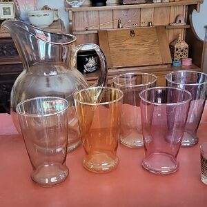 MCM Vintage Carnival Glass Pitcher and 5 Tumblers Set